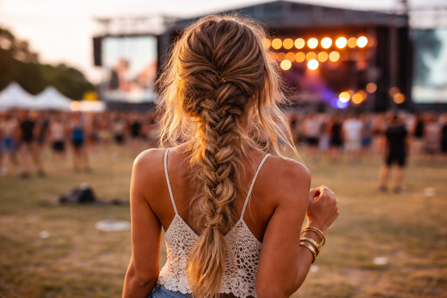 Festival-proof messy braid hairstyle Vrouw van achteren op een festival met een losse messy vlecht die geschikt is voor langdurige styling