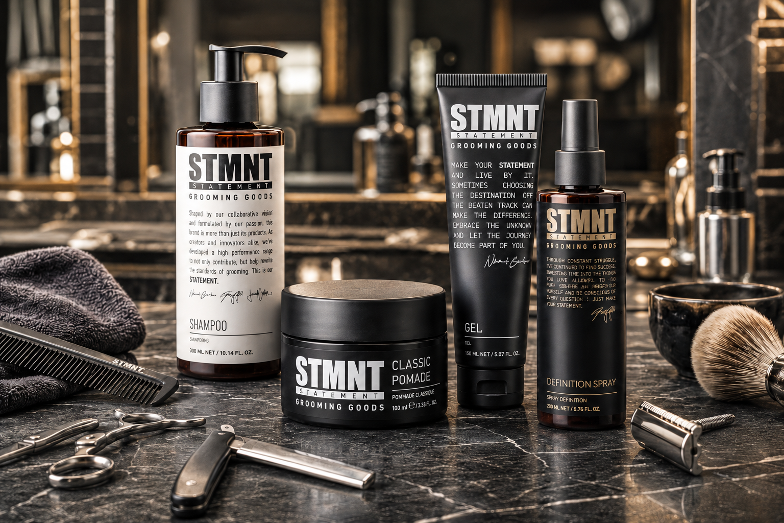 STMNT men producten voor styling en verzorging STMNT men styling- en verzorgingsproducten met shampoo, classic pomade, gel en definition spray in een professionele barbershop setting.