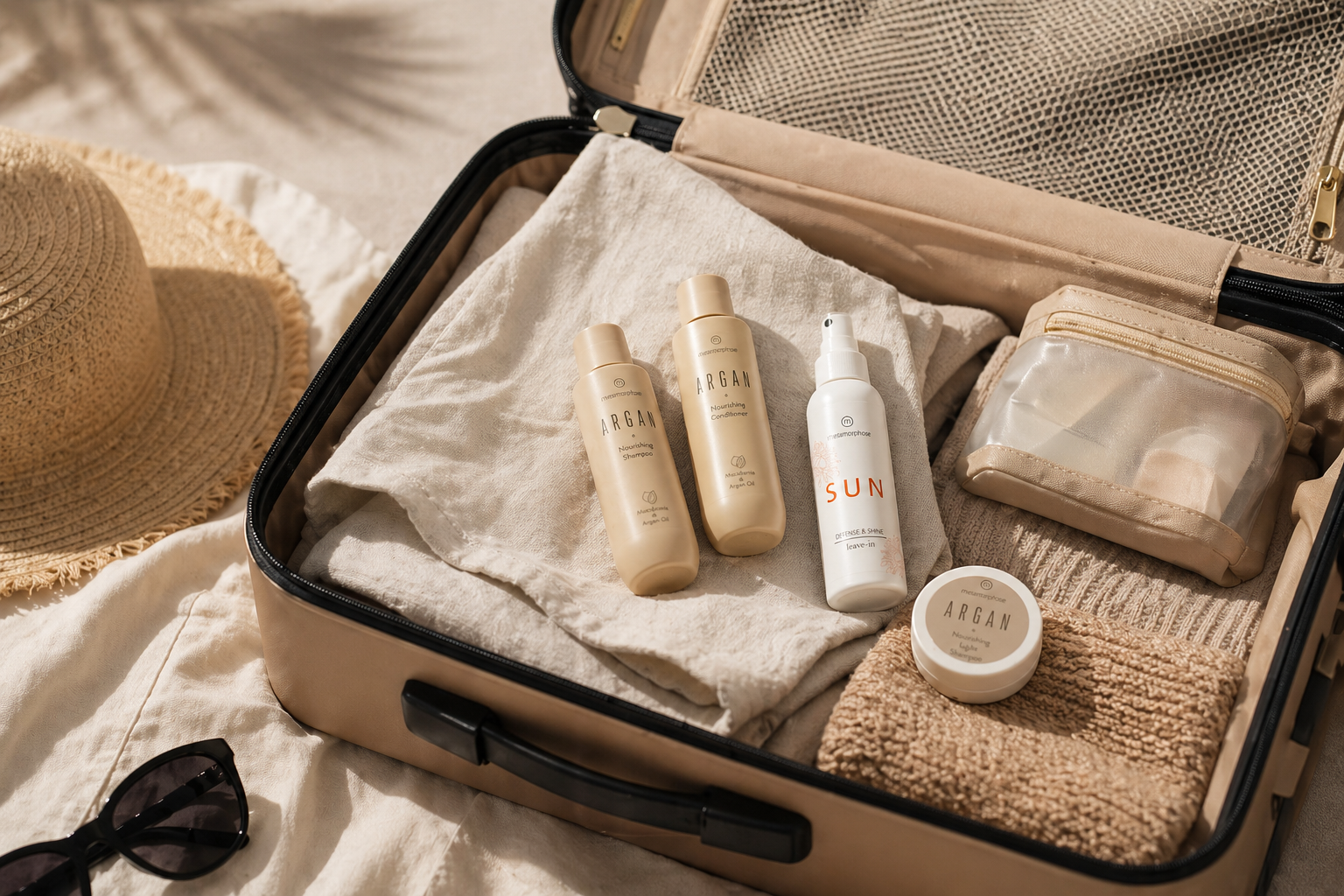 Travel haircare routine met Metamorphose producten Open koffer met travel size Metamorphose argan shampoo, conditioner en leave-in producten netjes ingepakt voor een minimal haircare routine op reis